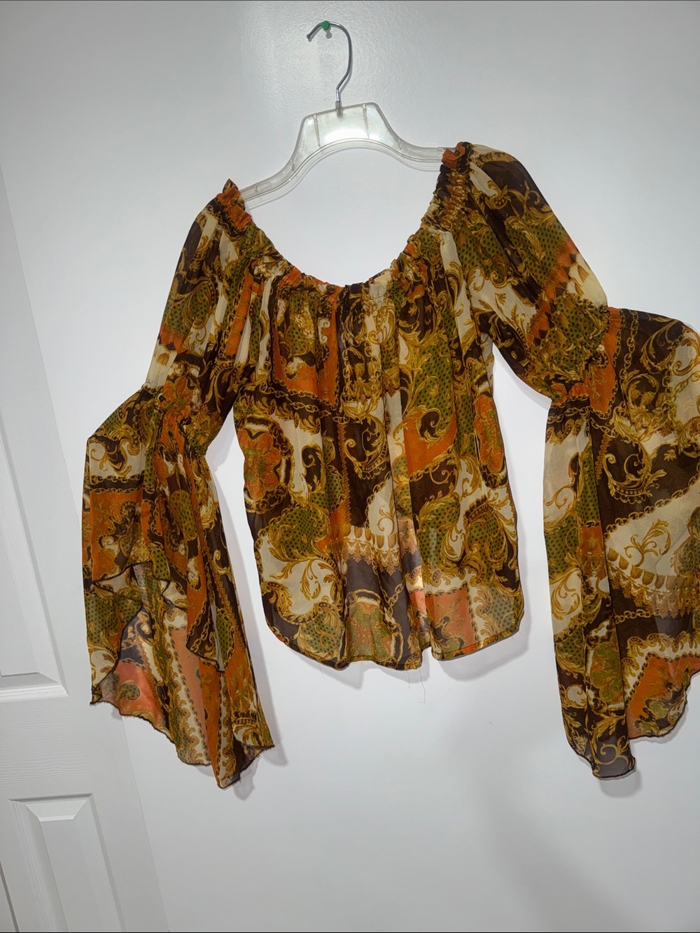 Truth Boho Off-Shoulder Bell Sleeve Blouse - Mustard, Brown, Cream